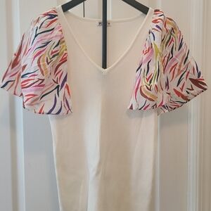 Elegant White V-Neck Blouse with Colorful Sleeves